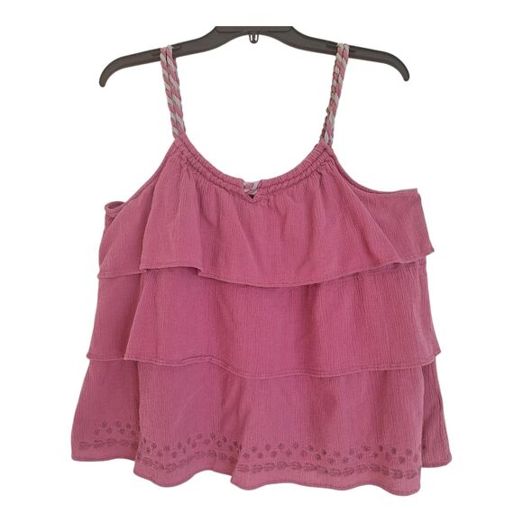 Berry Pink Tank Top Ruffle Blouse Layers Rope Strap Boho Embroidered XL Route 66 - Picture 1 of 12